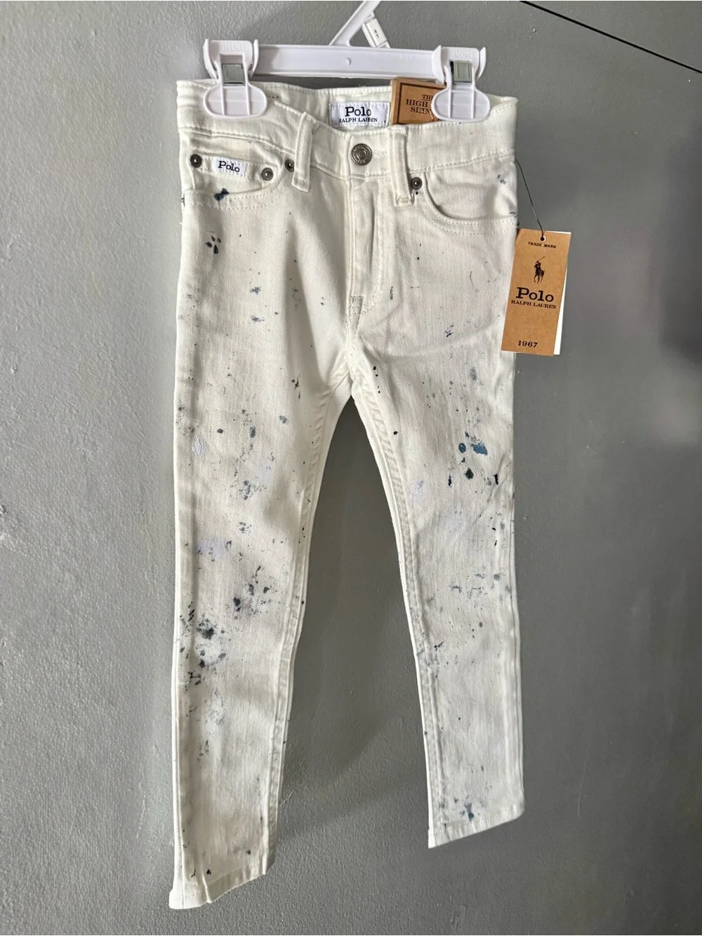 Ralph Lauren White High Rise Skinny Jeans with Blue Paint Detail